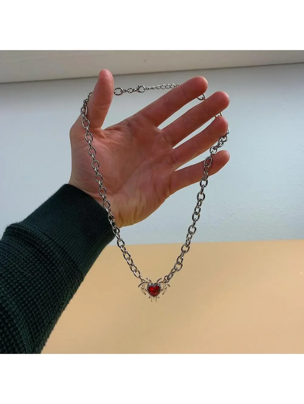 Cyber Red heart shaped opal love pendant thick chain y2k 2000s opium style neckl